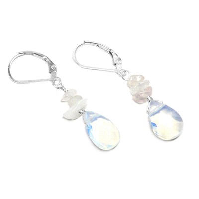 "Sea Opal" Glass Briolette Sterling Silver Lever Back Earrings Moonstone Chips - image3